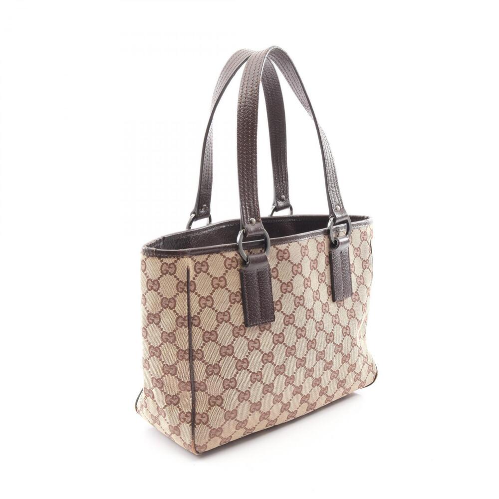 Gucci GG Beige Canvas Leather Brown Tote Bag Tan Brown